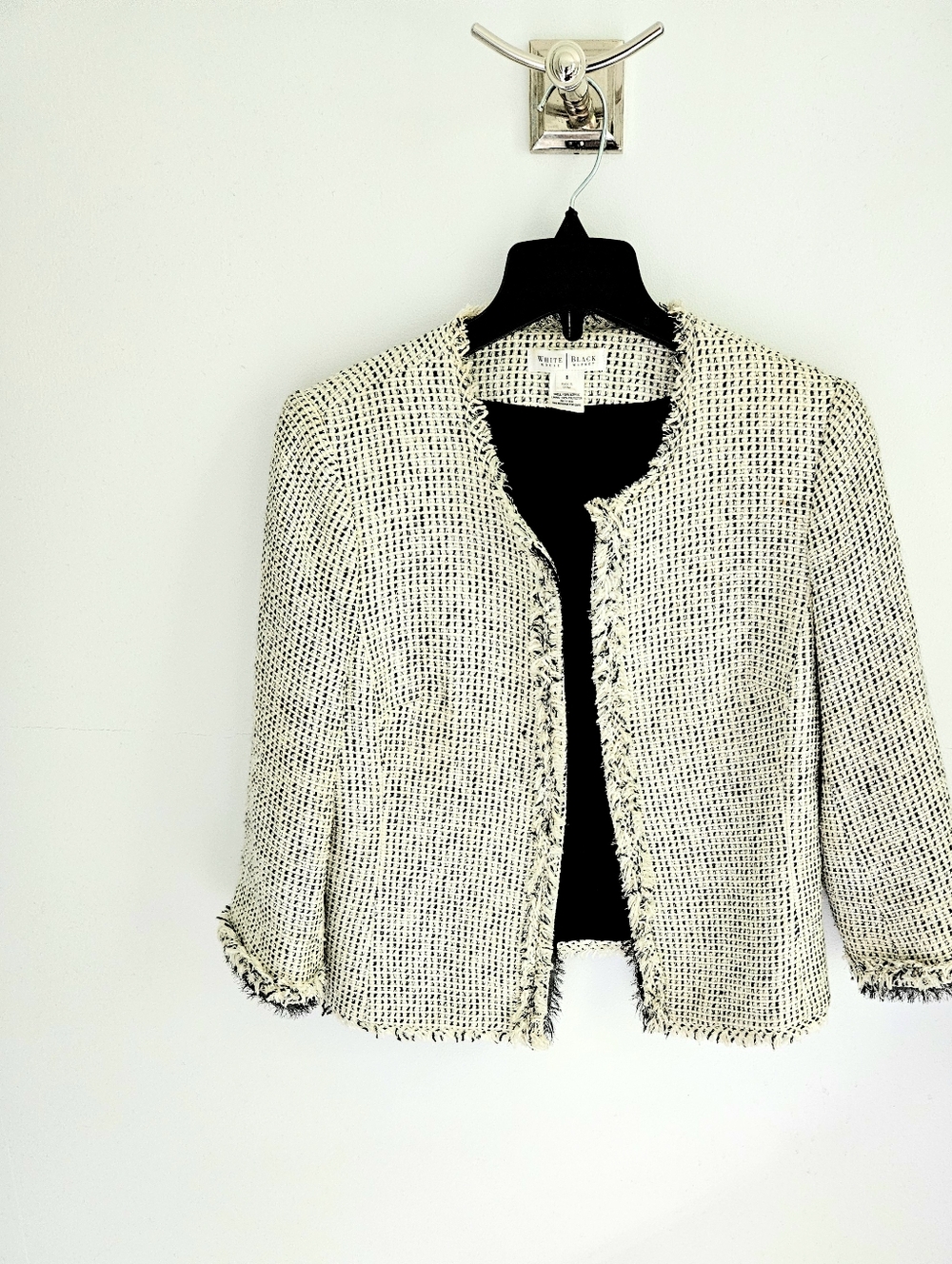 WHBM Tweed Blazer Ivory And Black Fringe Trim